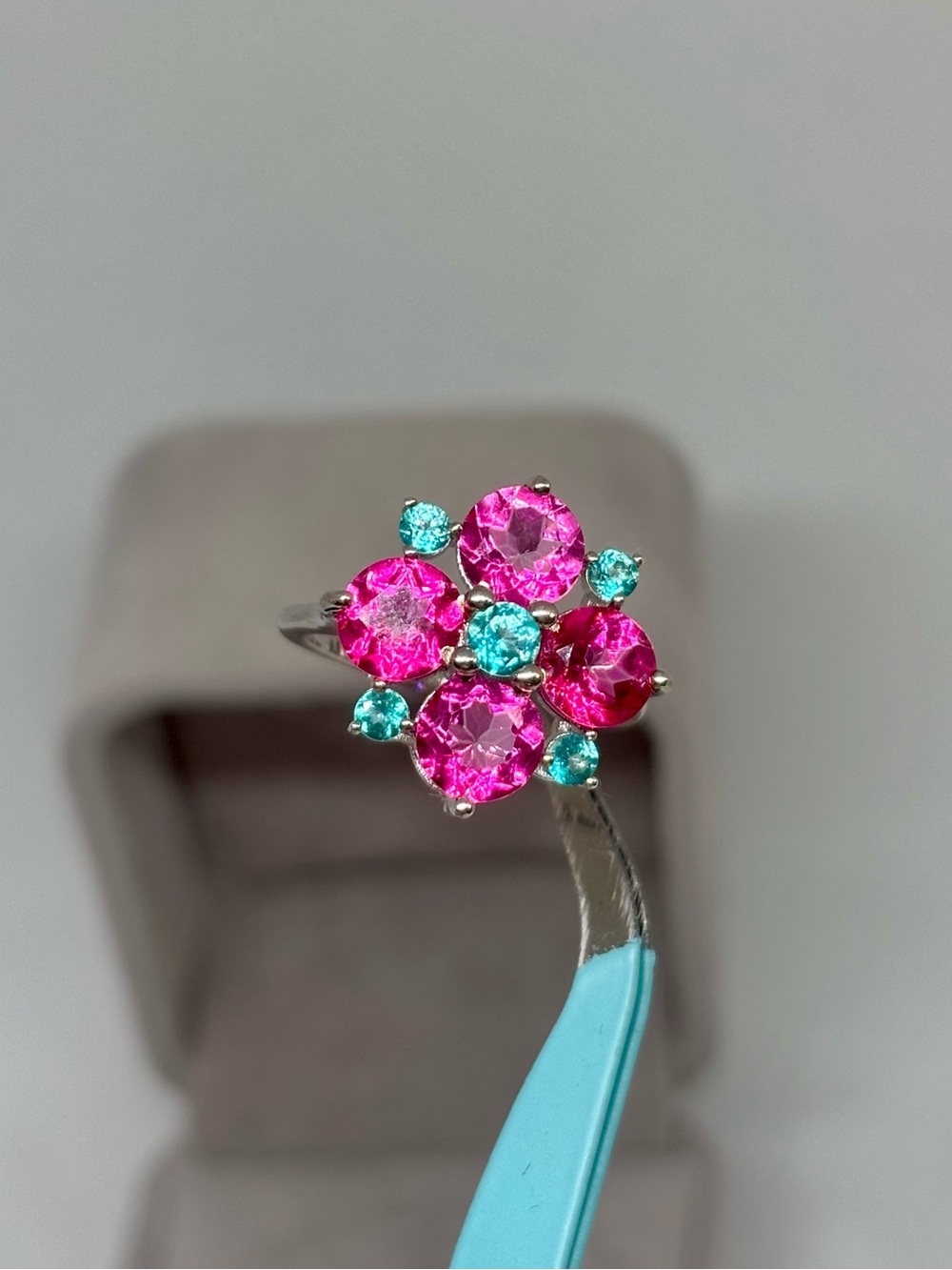 925 Sterling Silver Pink & Paraiba Blue Topaz Ring, size 5.75-6